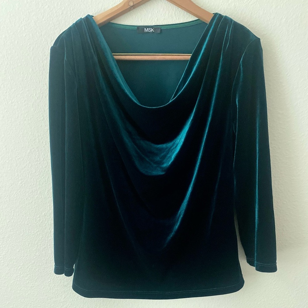 MSK Women’s Cowl Neck 3/4 Sleeve Dark Green Velvet Stretch Blouse Size Medium